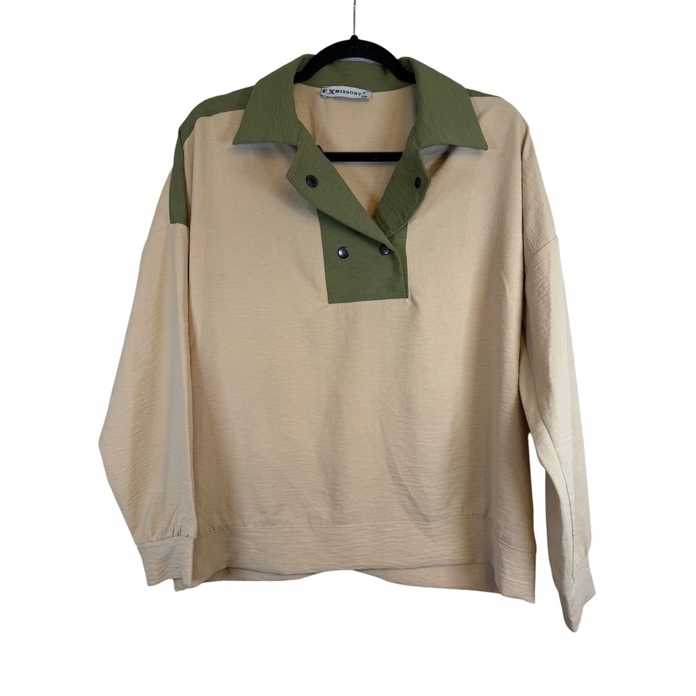 F.X. Missony Beige Olive Green Color Block Snap Button Long Sleeve Top Size 38
